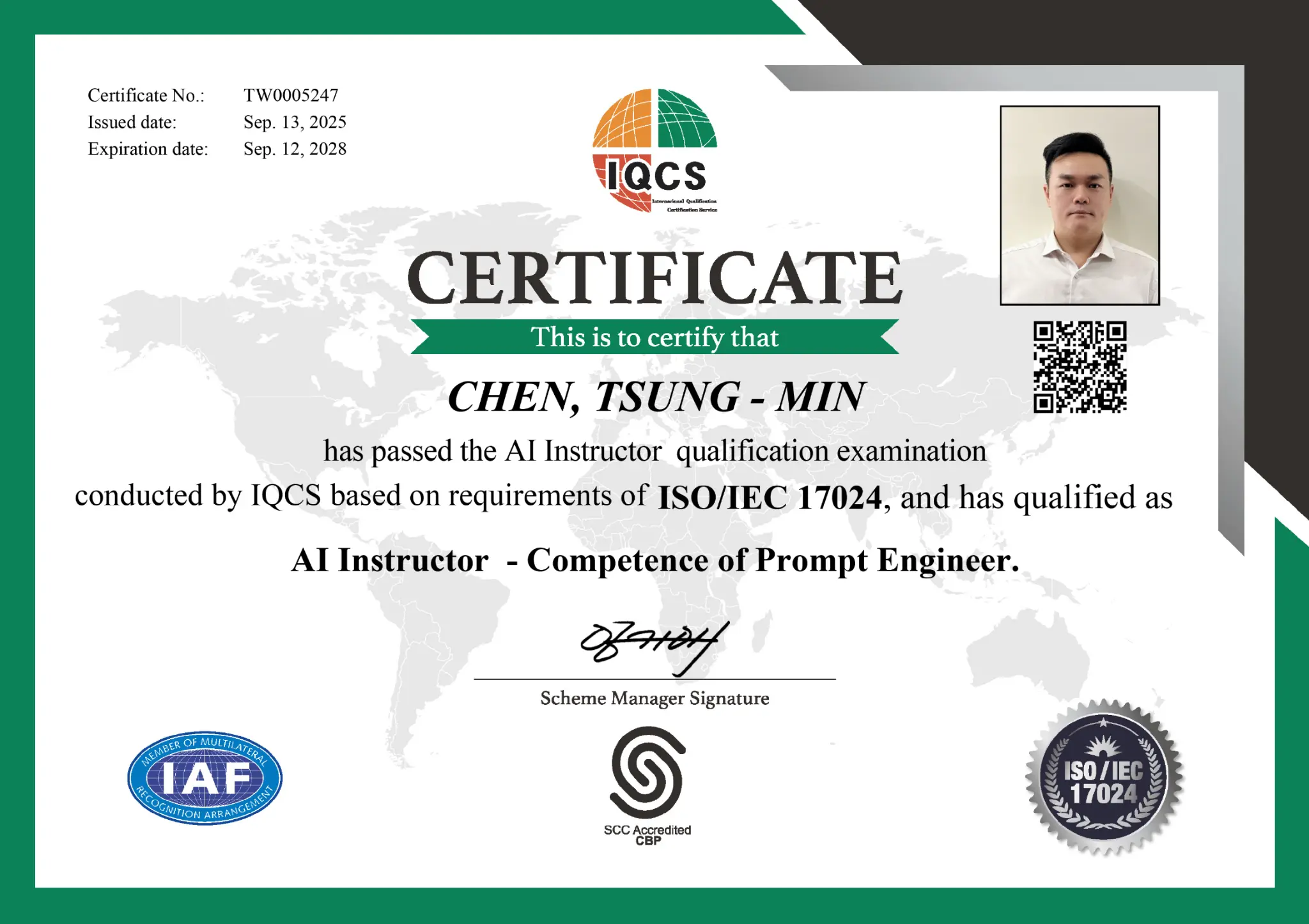 ISO/IEC 17024 IQCS AI Instructor 認證證書 — TW0005247