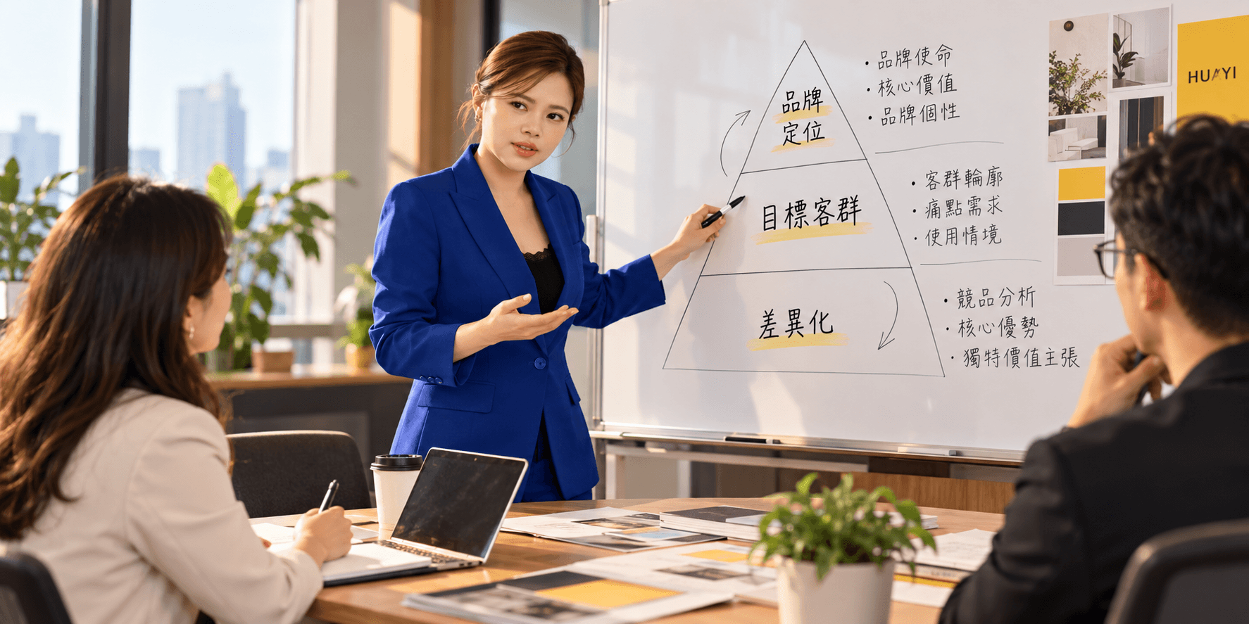 品牌顧問在白板前討論品牌定位策略